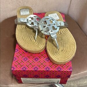 Tory Burch Metallic Silver and Tan Sandals